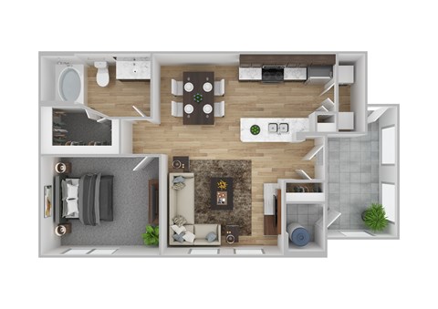 Floor plan for 1 bed, 1 bath, 743 sqft